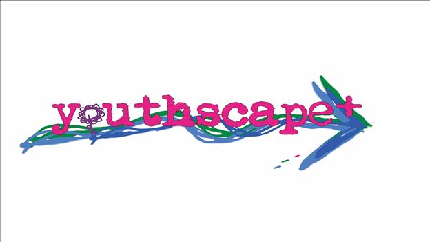 Blue Arrow with words youth scape going across it in red